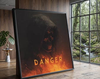 Dark Skull Hooded Figure Canvas, Fiery Danger Wall Art, Gothic Skeleton Decor, Halloween Canvas, Edgy Home Decoration