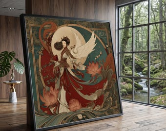 Elegant Asian Woman with Crane Canvas, Lotus Flower Wall Art, Oriental Mythical Scene, Asian Culture Canvas, Traditional Dress Decoration