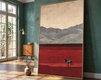 Lone Donkey Desert Landscape Canvas, Red Plain Wall Art, Minimalist Mountain View Canvas, Abstract Nature Scene, Home Decor Canvas