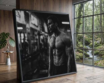 Strong Muscular Man Gym Canvas, Fitness Motivation Wall Art, Black and White Bodybuilding Decor, Masculine Strength Canvas, Workout