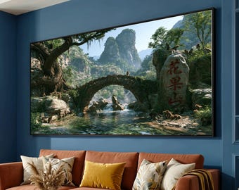 Tranquil Mountain River Scene, Stone Arch Bridge Canvas, Monkeys Nature, Asian Landscape Wall Art, Serenity Home Decoration