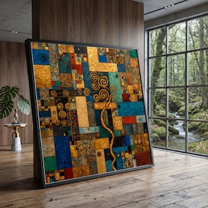 May include: Large framed artwork with a mosaic-like design. The artwork features a mix of gold, blue, red, and teal squares and rectangles. Swirl and spiral patterns are incorporated throughout the design. The frame is black, and the artwork is leaning against a wooden wall.