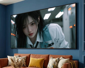 Intense Portrait Canvas, Young Woman Close-Up Art, Moody Expression Wall Art, Realistic Face Canvas, Emotional Home Decor
