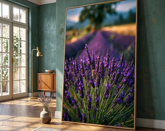 Lavender Field Close-Up Canvas, Purple Floral Wall Art, Summer Garden Landscape, Botanical Canvas Decoration, Nature Photography Print