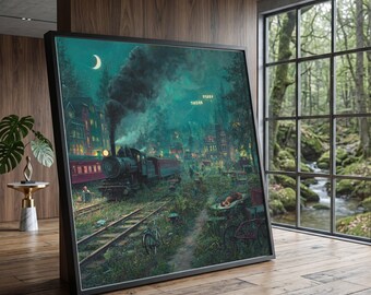 Vintage Steam Train at Night, Urban Overgrown Tracks Canvas, Moody Cityscape Wall Art, Evening Landscape Painting, Nostalgic Railway Scene