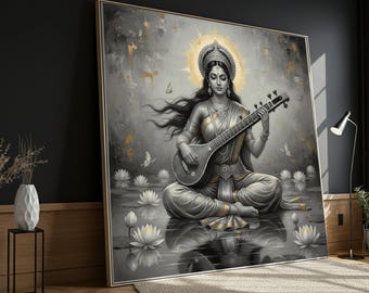Goddess Saraswati Canvas Print, Indian Spiritual Wall Art
