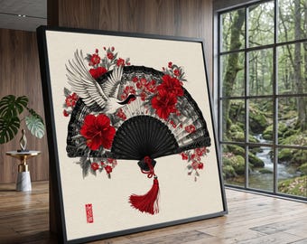 Elegant Crane and Red Hibiscus Fan Canvas, Oriental Floral Wall Art Decoration, Asian Nature Print for Home
