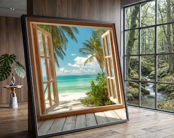 Tropical Beach View Canvas, Open Window Palm Trees Ocean Scene, Coastal Summer Paradise Artwork