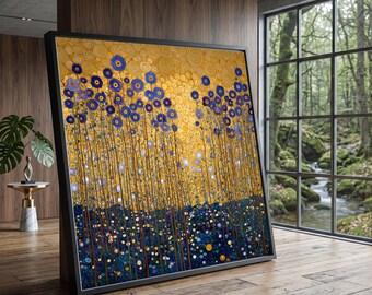 Gustav KlimtBlue Gold Floral Canvas, Abstract Wildflower Wall Art, Modern Botanical Print, Ready to Hang