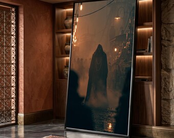 Mysterious Hooded Figure at Night, Dark Street Scene Canvas, Moody Atmospheric Wall Art, Gothic Urban Decor, Foggy Evening Canvas Print