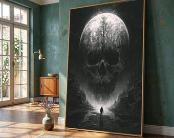 Mysterious Skull Moon Canvas, Dark Forest Silhouette, Surreal Landscape Wall Art, Gothic Home Decor, Unique Canvas Design