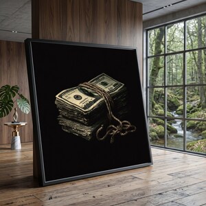 May include: A square framed wall art piece featuring a stack of United States one hundred dollar bills tied together with a thick, brown, textured rope against a solid black background. The artwork is displayed in a thin black frame.