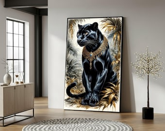 Tela majestosa de pantera negra, arte de parede de felino da selva imponente, tela com retrato de vida selvagem, decoração de animais exóticos, impressão elegante em tela da natureza