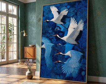 Graceful Cranes Flying Canvas, Blue Floral Background Wall Art, Bird Nature Illustration