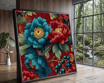 Vibrant Peony Floral Canvas Art, Blue Red Botanical Wall Print, Hand-Stretched Home Decoration