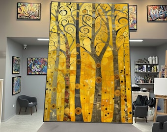 Lienzo de bosque abstracto dorado, pintura de paisaje moderno, listo para colgar