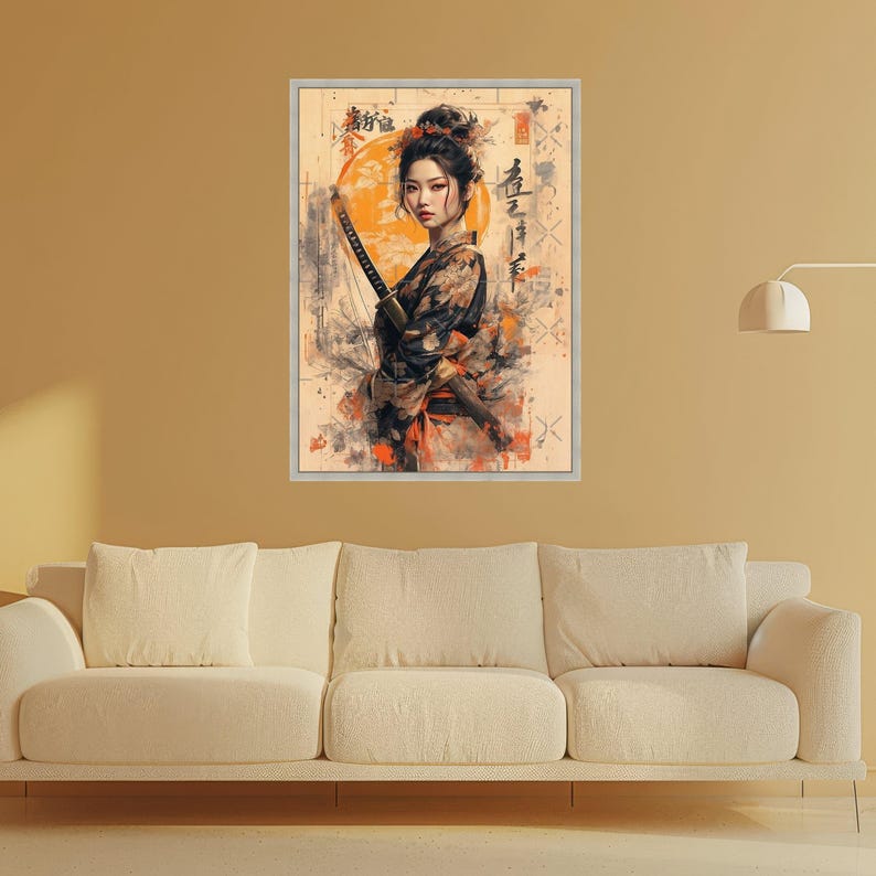 Eleganckie płótno z samurajską kobietą, japońskie kimono, kwiatowa sztuka ścienna z szermierzem, płótno z portretem azjatyckiego wojownika, nowoczesna dekoracja orientalna zdjęcie 3