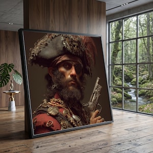 Retrato de Pirata Feroz em Tela, Arte de Parede com Barba e Tapa-Olho, Tela com Traje de Pirata Vintage, Decoração com Tema Náutico, Personagem Histórico