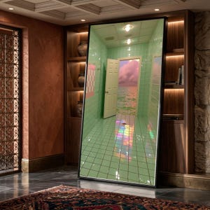May include: A large rectangular floor mirror with a black frame displaying a surreal reflection of a mint green tiled room with an open door leading to a sunset ocean view, featuring a rainbow light reflection on the tiled floor surface.