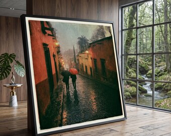 Rainy Cobblestone Street Scene, Romantic Umbrella Walk Canvas, Vintage Street Lamp Glow, Evening Urban Landscape Wall Art, Cozy Home