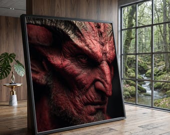 Dark Red Demon Face Canvas, Fantasy Wall Art, Mythical Creature Portrait, Gothic Home Decor, Detailed Character Canvas