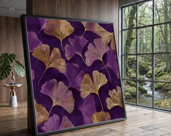 Ginkgo Leaf Canvas Art, Purple Gold Botanical Print, Floral Nature Decor, Ready to Hang