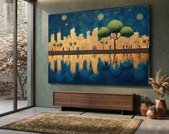 Golden City Skyline Canvas, Night Landscape Wall Art, Urban Park Scene, Reflective Water Canvas, Starry Sky Wall Decoration