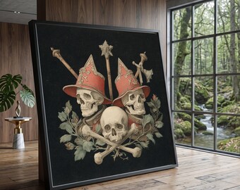 Gothic Skull Trio Canvas, Red Hat Skeletons Wall Art, Dark Floral and Bones Design, Vintage Macabre Home Decor, Halloween Canvas Art