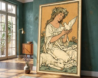 Serene Woman with Dove and Lamb Canvas, Vintage Floral Crown Art, Pastoral Scene Wall Decoration, Peaceful Nature Canvas Print