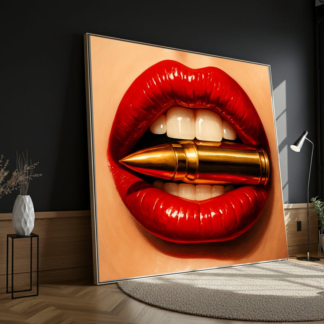 Bold Red Lips With Golden Bullet Canvas, Edgy Pop Art Wall Decor ...