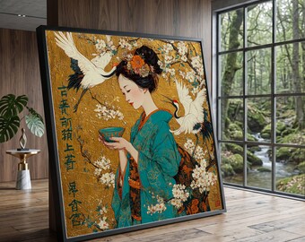 Elegant Geisha with Cherry Blossoms and Cranes Canvas, Japanese Woman Wall Art, Traditional Asian Decor, Floral Branch Canvas, Golden