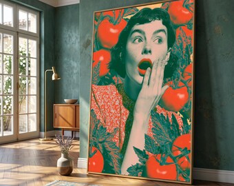 Surprised Woman Portrait Canvas, Retro Pop Art Style, Tomato Garden Background, Colorful Wall Art, Modern Home Decoration