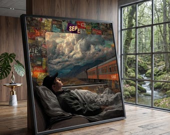 Dreamy Train Journey Canvas, Scenic Landscape Wall Art, Cloudy Sky and Mountains, Vintage Train Travel Decor, Bedroom Canvas Decoration
