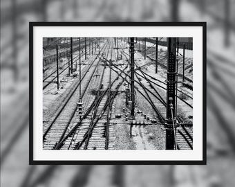 A thousand paths -- Black & white railways under snow [Angers, France]