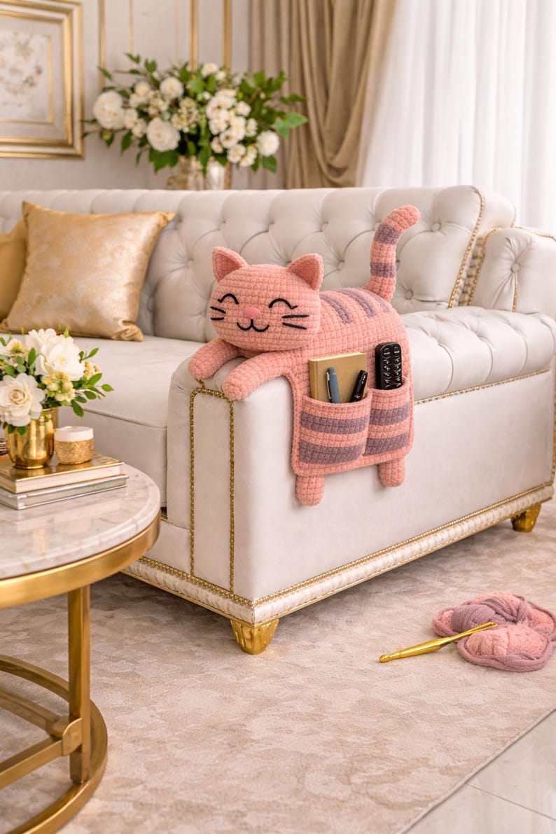 May include: A pink crocheted cat-shaped couch arm tidy with a smiling face and striped tail. The organiser has pockets for storing items like pens and remote controls. The cat is resting on a white couch with gold trim.