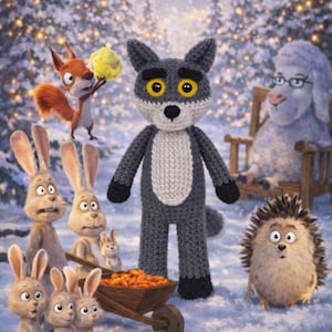 Peut inclure: Illustration fantaisiste d'un loup crocheté aux yeux jaunes, entouré d'autres animaux de dessins animés comme des lapins, un écureuil et un mouton. La scène se déroule dans une forêt enneigée, avec le texte "Patron du loup mal aimé" en bas.