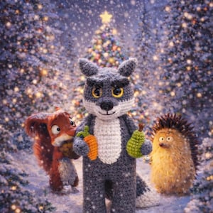 Peut inclure: Un loup, un écureuil et un hérisson en crochet dans une forêt enneigée. Le loup tient une carotte et une poire. Le texte "Patron du loup mal aimé" est en bas. Des drapeaux de plusieurs pays sont en haut.