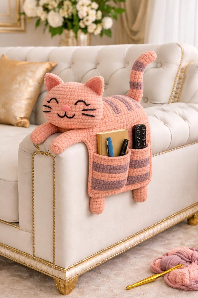 May include: A peach-coloured, crocheted cat-shaped couch organiser with striped pockets. The cat has a smiling face and holds a book, pens, and a remote. The organiser is designed to drape over the arm of a couch.