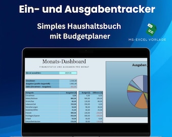 May include: A laptop displays a financial dashboard with the text "Ein- und Ausgabentracker" and "Simples Haushaltsbuch mit Budgetplaner." The screen shows income, expenses, and a pie chart. The background is a gradient of blue.