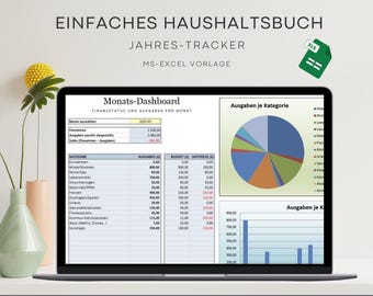 May include: A laptop displays a financial dashboard with charts and tables, including a pie chart and bar graph. The screen shows the text "EINFACHES HAUSHALTSBUCH" and "JAHRES-TRACKER". A green Excel file icon is in the upper right corner. A vase with a yellow flower and a peach-colored vase are on the left.