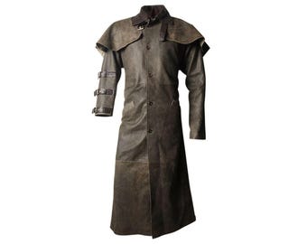 Brown Leather Duster Coat for Men | Distressed Long Trench Jacket | Steampunk Cape Coat | Vintage Western Leather Outfit