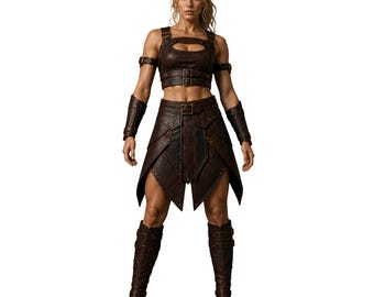 Conjunto de armadura de guerrera de cuero marrón hecha a mano para mujer / Traje de batalla de fantasía medieval / Disfraz de doncella escudera vikinga / Armadura gótica para LARP