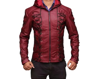 Handmade Premium Quality Men’s Maroon Hooded Leather Jacket – Lace-Up Fashion Biker Style – Designer Streetwear Jacket