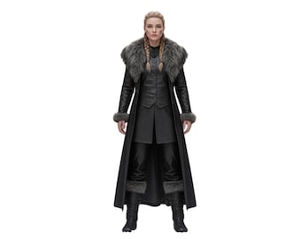 Leren Viking-bontjas dames | Middeleeuwse krijgersoutfit | Lange zwarte LARP-jas | Noords cosplaykostuum