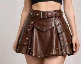 Handmade High Quality Brown Leather Mini Skirt Women – Studded High Waist Leather Skirt – Gothic Pleated Skirt– Biker Punk Skirt– Custom Fit