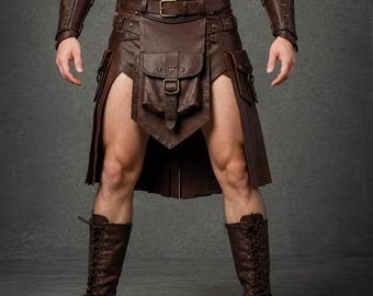 Kilt Gladiador Masculino em Couro | Kilt Utilitário Medieval para Guerreiro com Bolsas | Saia de Batalha Viking | Armadura Fantasia LARP | Traje Renascentista