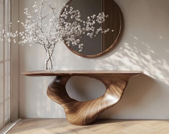 Handmade Console Table Unique Art Solid Wood Narrow Wood