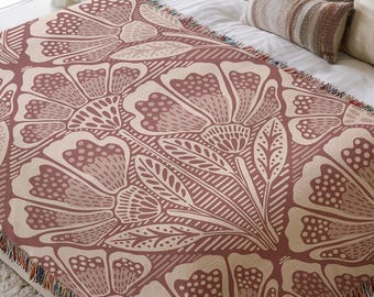 Botanical Woven Cotton Blanket - Burgundy Floral Throw with Fringe