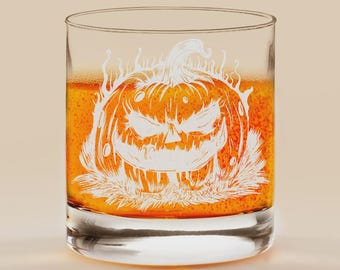 Graverat Jack O'Lantern-whiskyglas, Halloweenpumpa, läskigt barglas