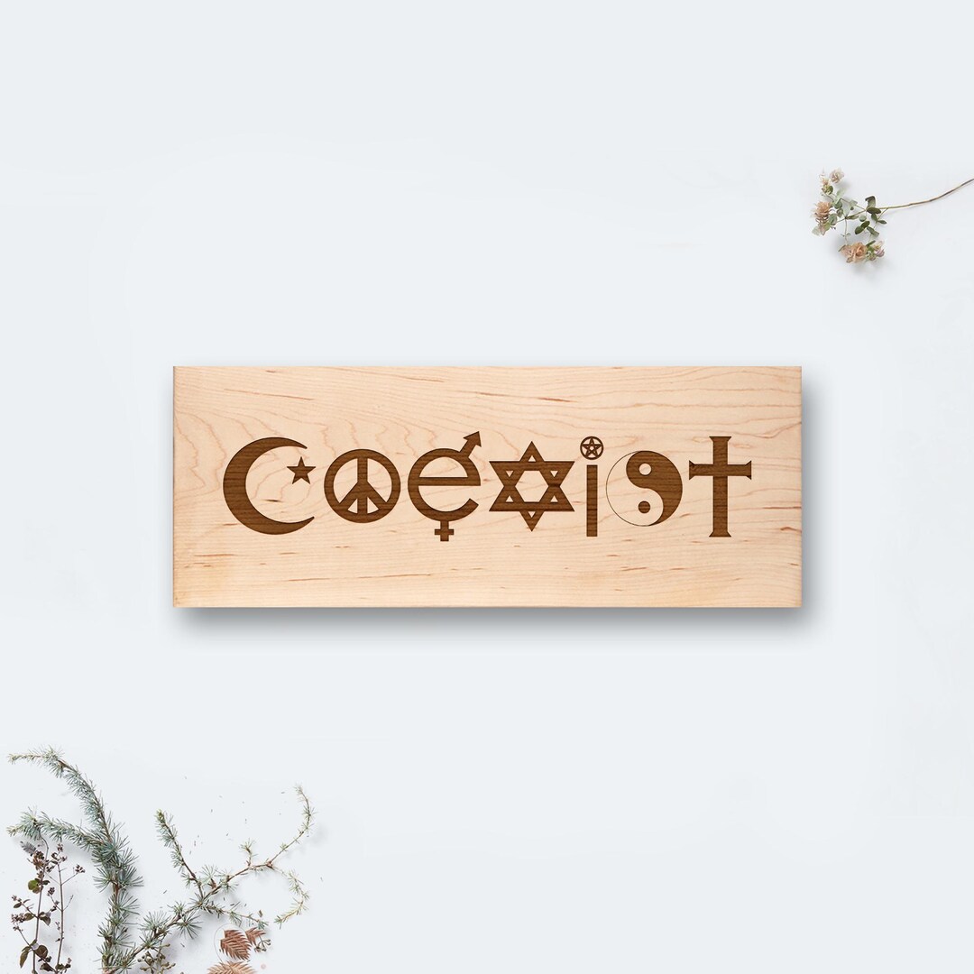 Coexist Pin Engraved Coexist Wooden Sign, Interfaith Wall Art 14x5